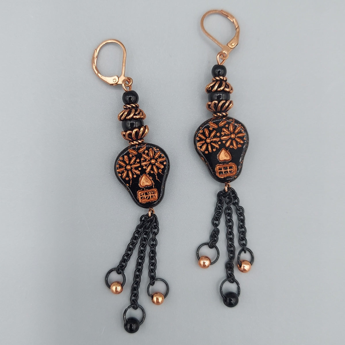 Black/Copper Sugar Skull Earrings