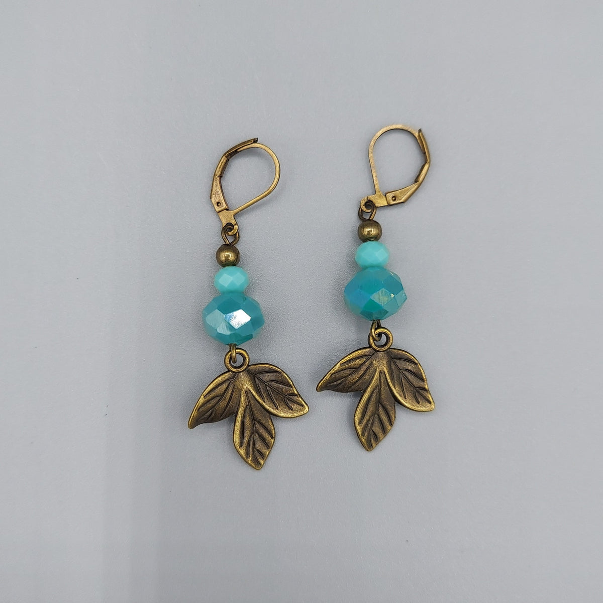 Antique Gold Leaf Earrings/Turquoise Crystals