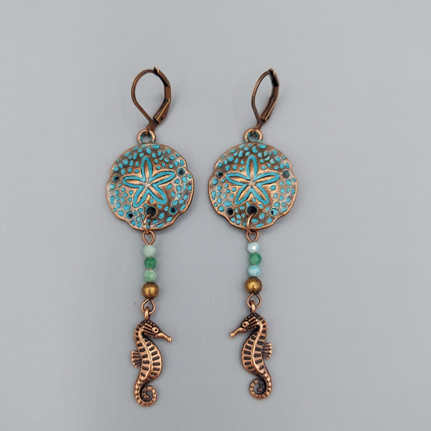 Verdigris Sand Dollar Earrings/Seahorses