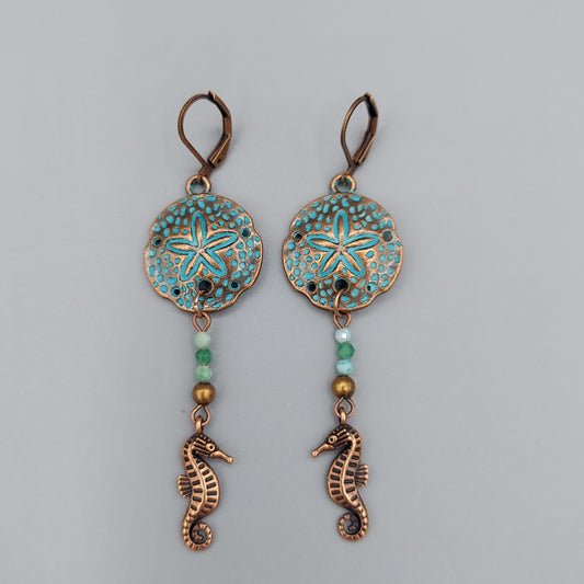 Verdigris Sand Dollar Earrings/Seahorses