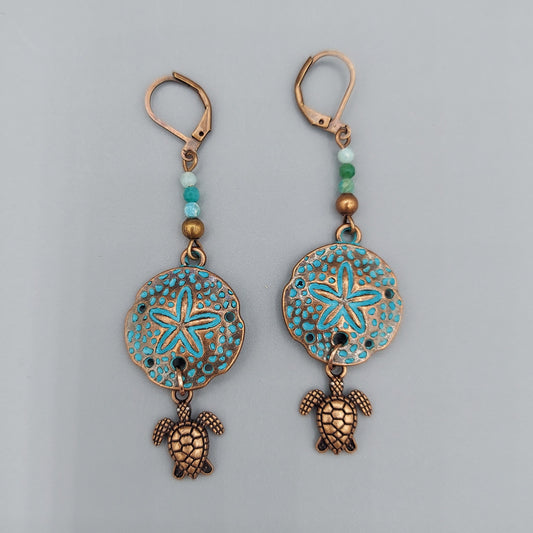 Verdigris Sand Dollar Earrings/Copper Turtles