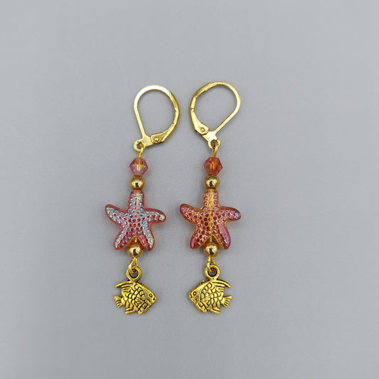 Orange Starfish Earrings/Gold Fish