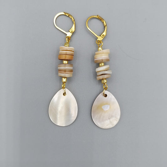 Mother of Pearl Teardrop Earrings/Brown Heishi Shells
