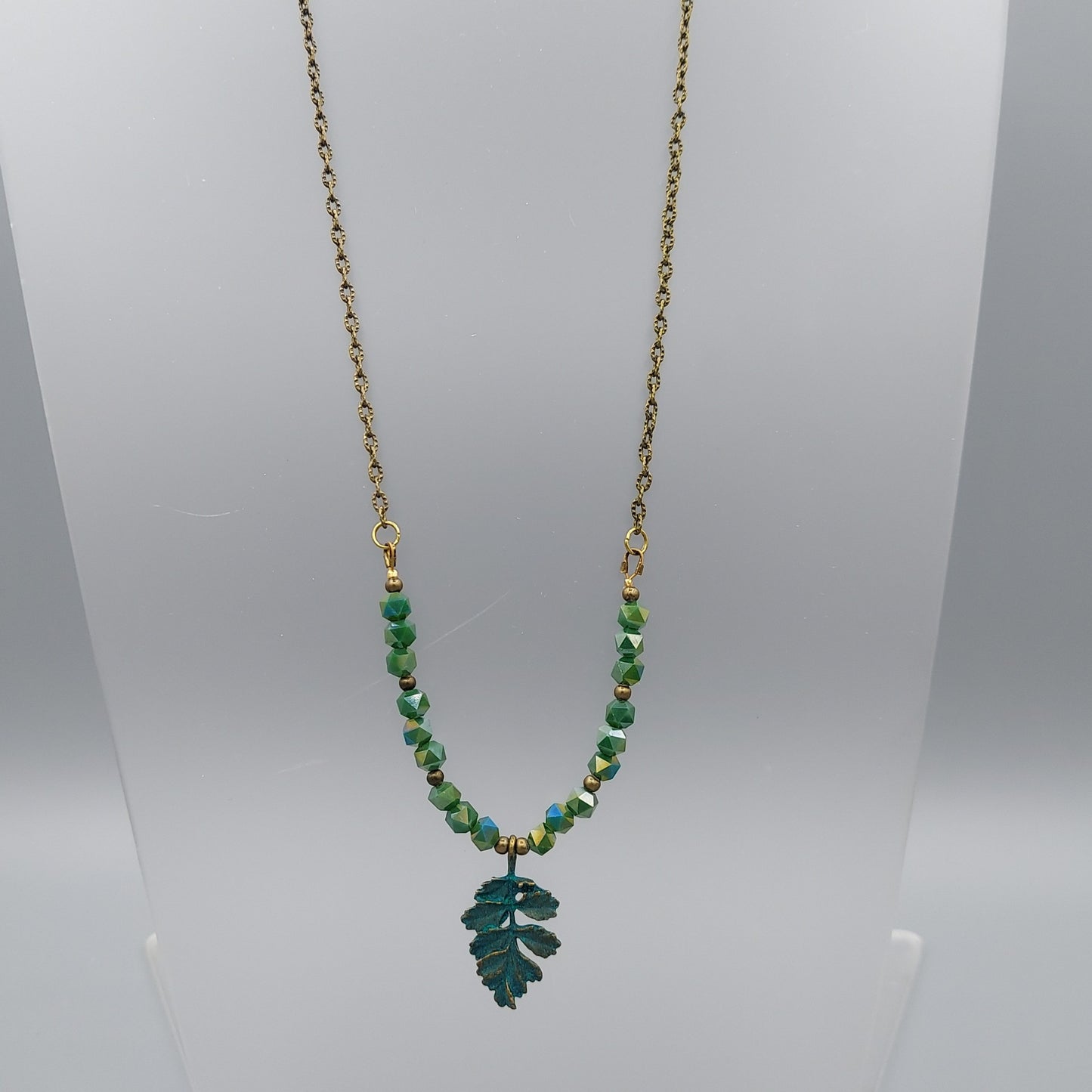 Verdigris Leaf Necklace/Green Crystals