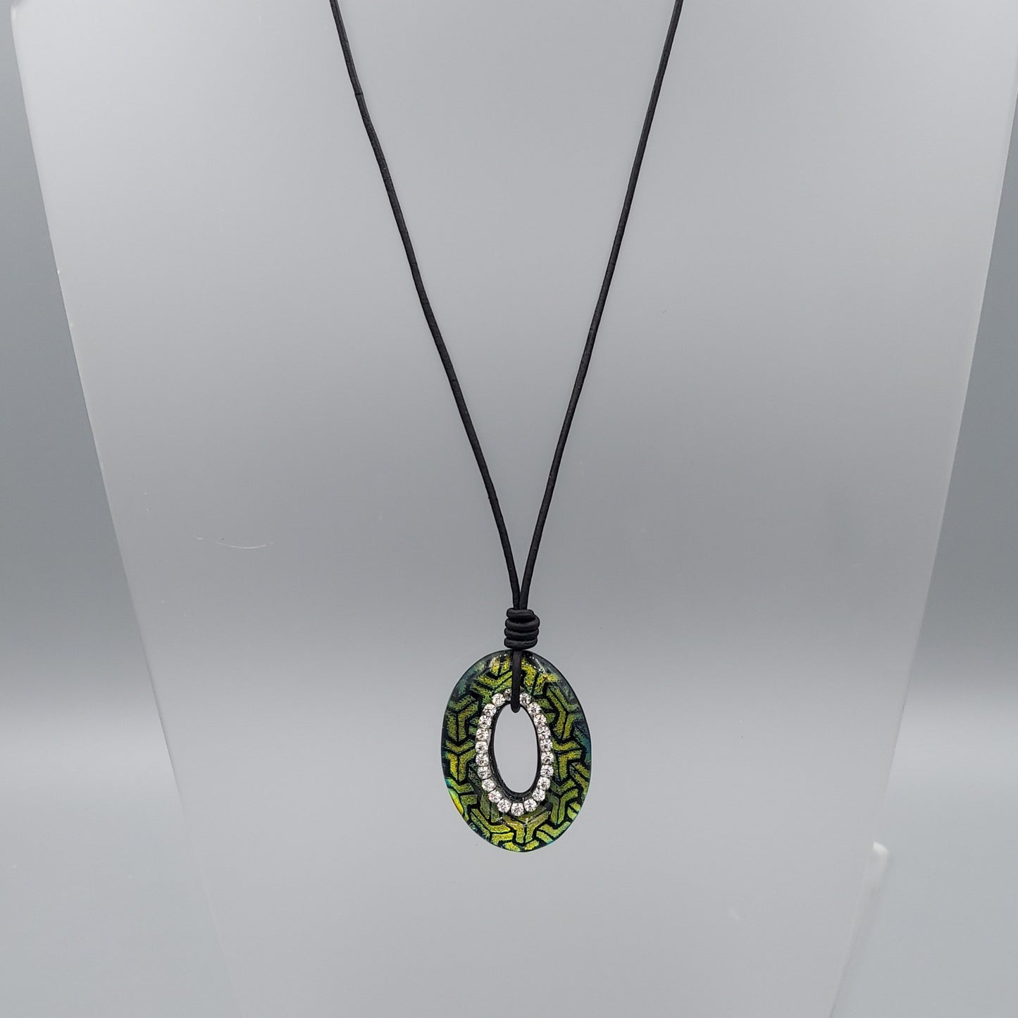Oval Dichroic Glass Pendant/Black Leather