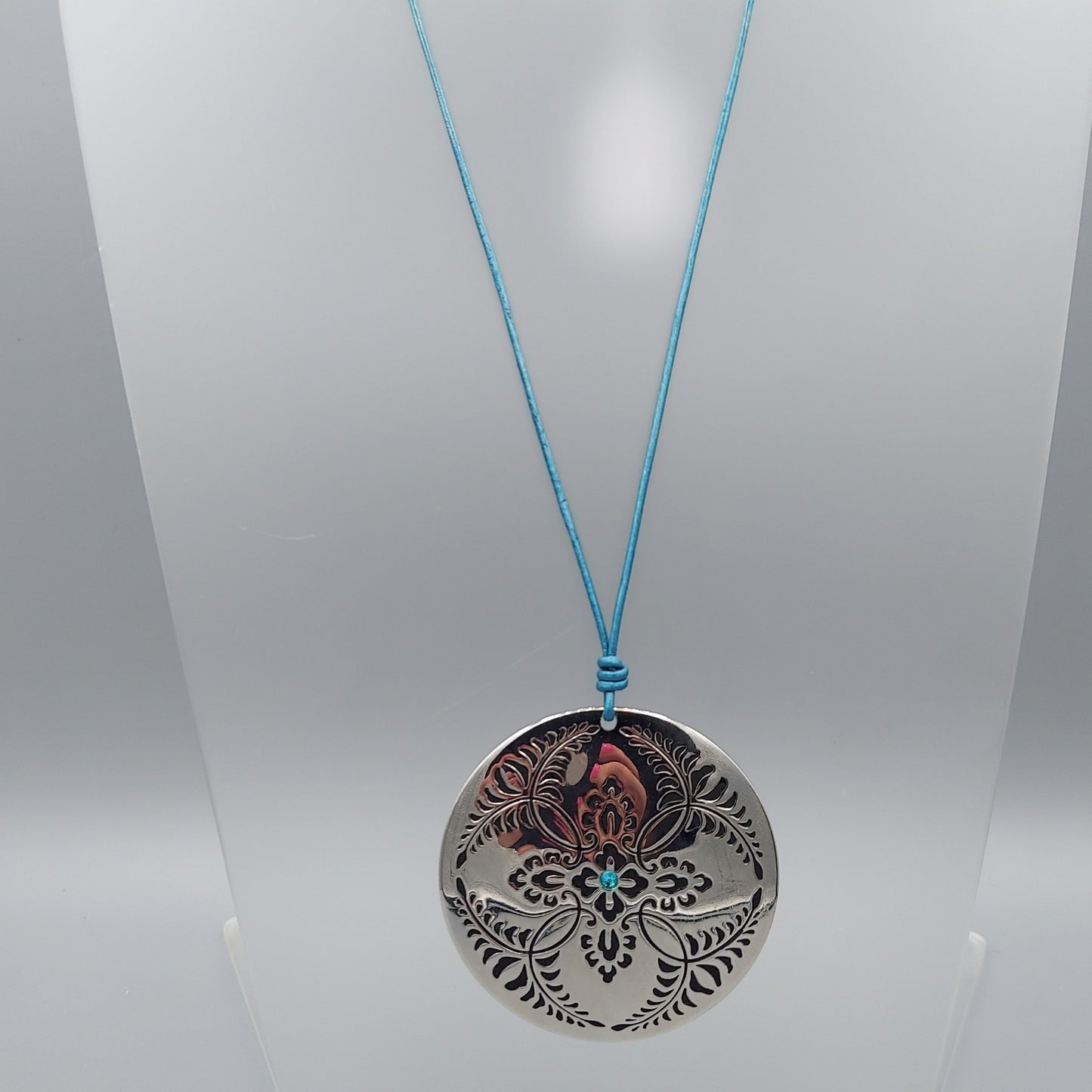 Silver Medallion Necklace/Teal Leather