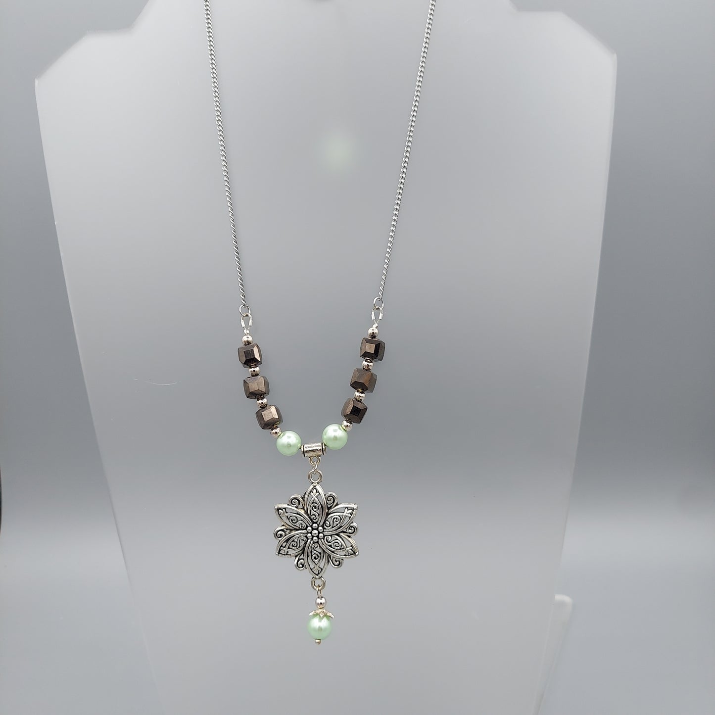 Mint Pearl/Gunmetal Cube Necklace