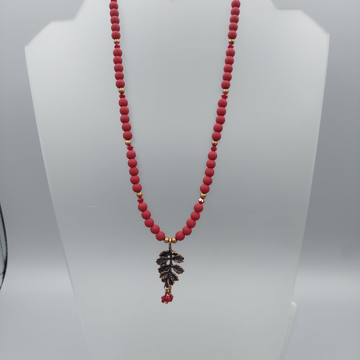 Copper Leaf Necklace/Cranberry Red