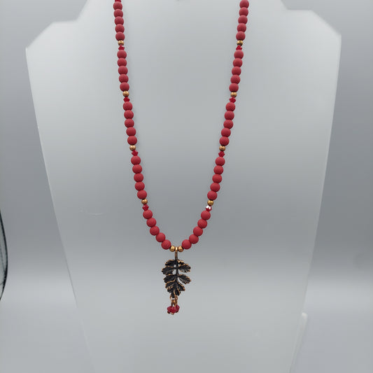 Copper Leaf Necklace/Cranberry Red