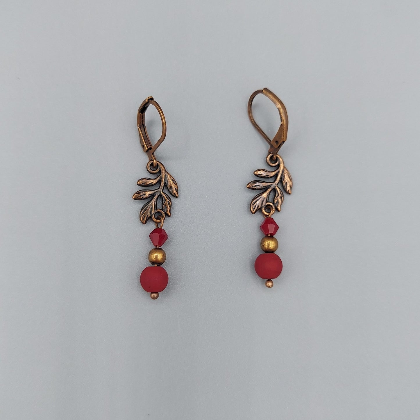 Copper Leaf Earrings/Cranberry Red