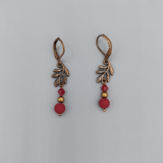 Copper Leaf Earrings/Cranberry Red